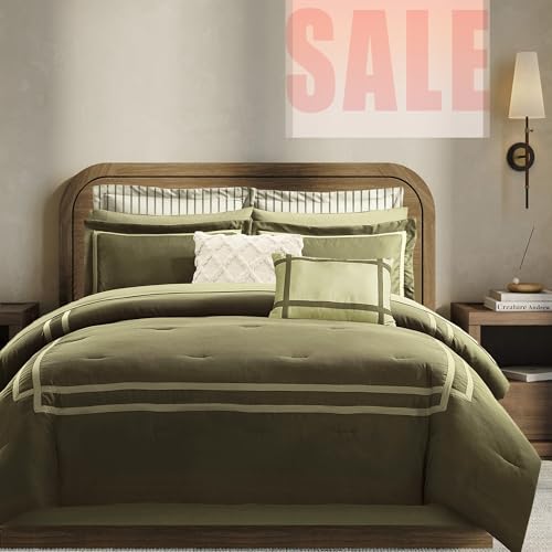 Wonderful Olive Comforter Set King,8-Piece Hydro-Brushed Wooly Feel Hotel Style Modern Luxury Bedding Comforter Set with Matching Fitted Sheet,Flat Sheet,Pillow Sham,Decorative Pillows for All Season