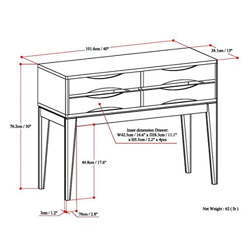 SIMPLIHOME Harper Console Table - 40 Inch Wide Solid Hardwood Sofa Table in Walnut Brown, Mid-Century Modern Storage Table for Entryway or Living Room with 4 Drawers, Notched Handles, and Tapered Legs
