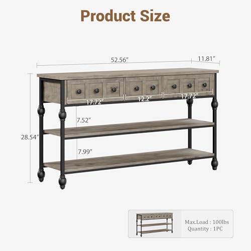 Garvee Console Sofa Table 53", Entryway Table with 3 Drawers, 3 Tier Metal Sofa Table, Open Shelf Behind Couch Table for Hallway, Living Room, Roman Column Design, Grey