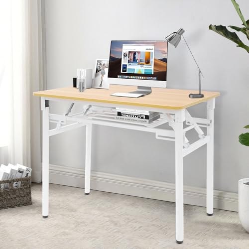 LUOSHALIYA Foldable Computer Desk, Writing Desk Folding Table Gaming Office Writing Work Desk, for Home Office, Study, Bedroom, Metal Frame, No Assembly (Wood)