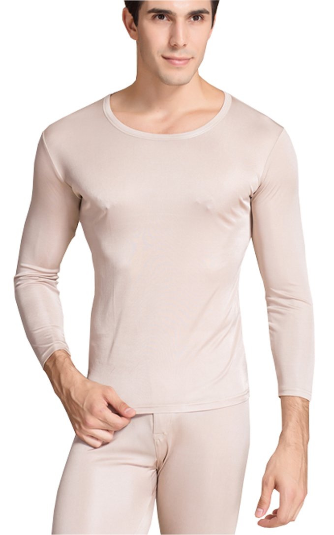 METWAY Silk Long Underwear Men's Mulberry Silk Long Johns Top and Bottom Thermal Underwear Set/Base Layer Medium Beige