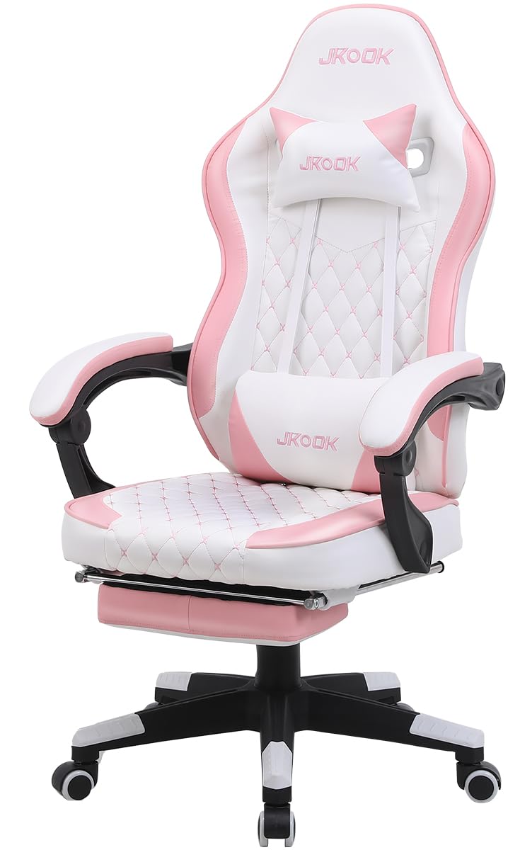 JKOOK Gaming Chair with Footrest, Multifunctional Desk Chair with Linkage Armrest, PU Leather, Video Game Computer Chairs with Lumbar Support, Study,Game,Office,JK08 (Pink)