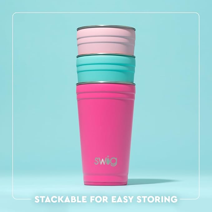 Swig Life 24oz Party Cup, Stackable Insulated Travel Coffee Tumbler with EZ Slider Lid, Cup Holder Friendly, Stainless Steel 24 oz Tumbler, Reusable Coffee Mug (Mahjong)