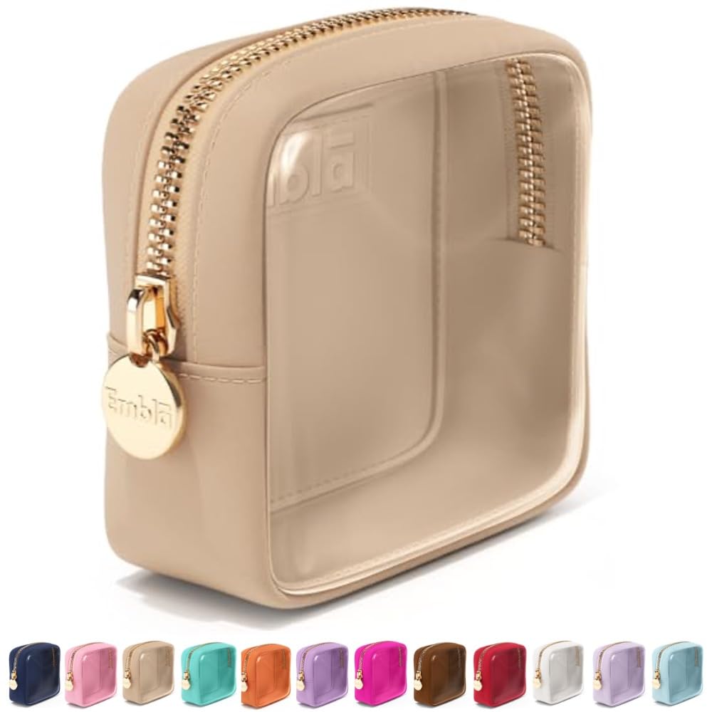 Embla Clear Cosmetic Bag Makeup Case, Clear Zipper Make Up Pouch and Toiletry Travel Tote, Cute Skincare Pouches for Women Girls, Preppy Purse Cosmetic Organizer, Mini Makeup Bags, Sand