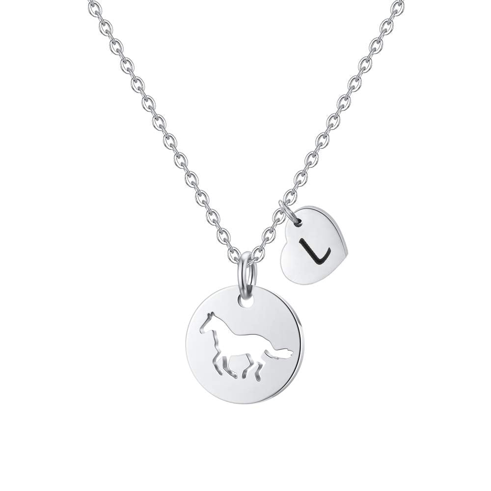 MONOOC L Necklace Initial, Stainless Steel Jewelry Horse Necklace L Initial Necklace Heart Initial Letter Necklace Horse Gifts for Girls Horse Pendant Necklace Horse Jewelry for Girls