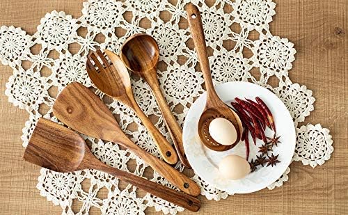 Wood Kitchen Utensils Set, 5 PCs Natural Acacia Wooden Spoons For Cooking for Non-stick Skillet, Utensil set For Cooking With Soup Ladle and Wok Spatulas, Salad fork, Spurtles for Cooking