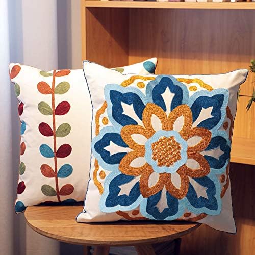 KITTMIN Embroidered Boho Throw Pillow Covers – Set of 2, 18x18 Inch, Cotton Canvas, Vibrant Mandala & Floral Decorative Cushion Cases for Couch, Sofa & Living Room (Sunflower and Leaf)