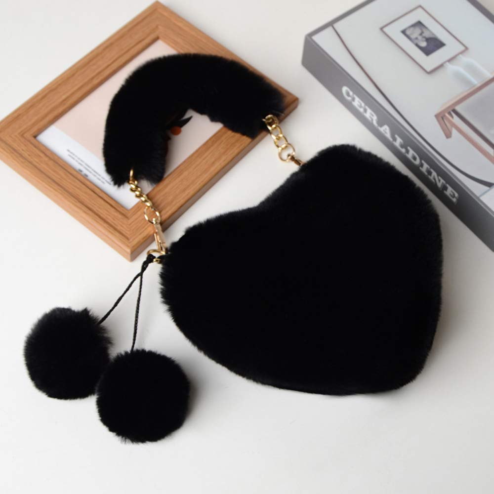 Rejolly Heart Shaped Purse for Women Fluffy Furry Bag for Girls Faux Fur Fuzzy Handbag Soft Small Valentine's Day Shoulder Bag with Chain Strap Black