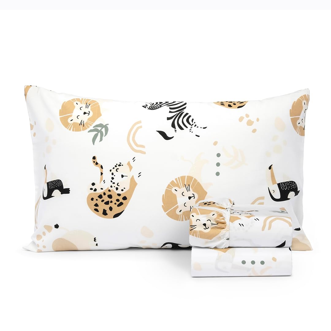 100% Cotton 210TC Salt Earth Kids Bedsheet,Twin Sheets Set for Toddler bed, 3 Piece Bedding Set Including Flat Sheet, Fitted Sheet, and Pillowcase, Themed Sheets for a Playful Kids Bed (Jungle Safari)