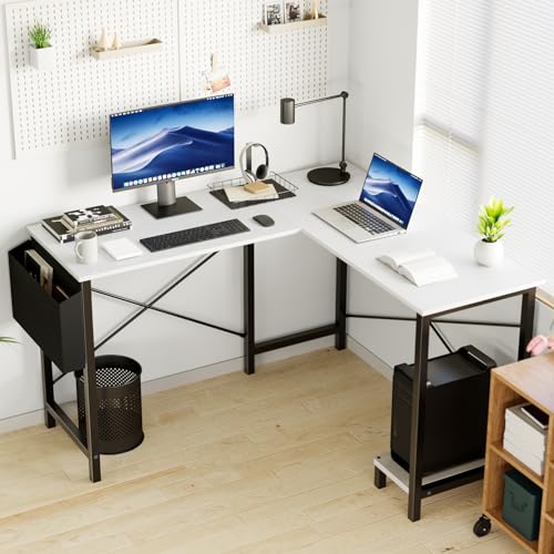 DUMOS L Shaped Desk Computer Gaming Corner Table 50 Inch Home Office Writing Student Work PC Workstation with Side Storage Bag CPU Stand for Bedroom Small Spaces
