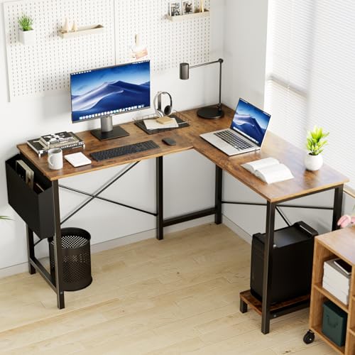 DUMOS L Shaped Desk Computer Gaming Corner Table 50 Inch Home Office Writing Student Work PC Workstation with Side Storage Bag CPU Stand for Bedroom Small Spaces