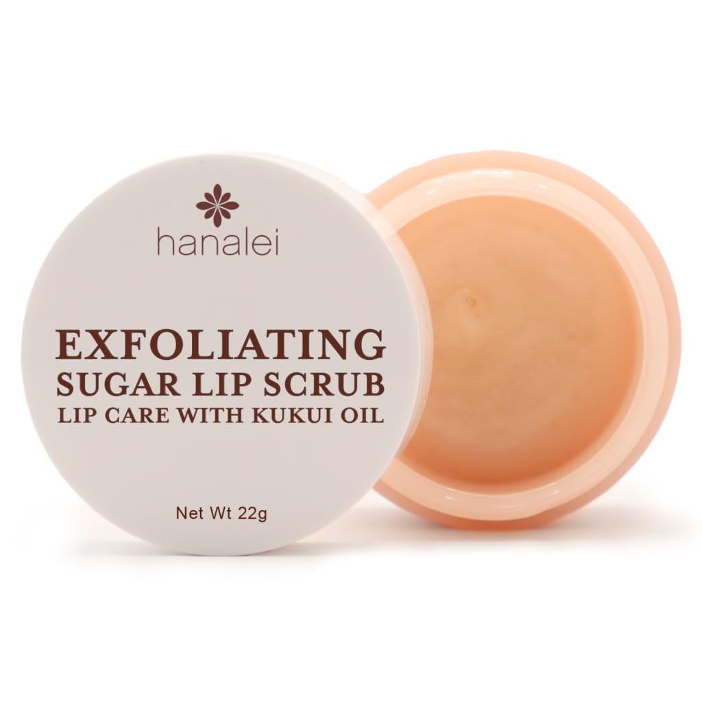 Hanalei Vegan Sugar Lip Scrub Exfoliator - Hawaiian Cane Sugar, Kukui Oil & Shea Butter for Smooth, Hydrated Lips - Natural, Cruelty-Free Lip Care, Removes Dry Skin, Moisturizes & Softens (22g)