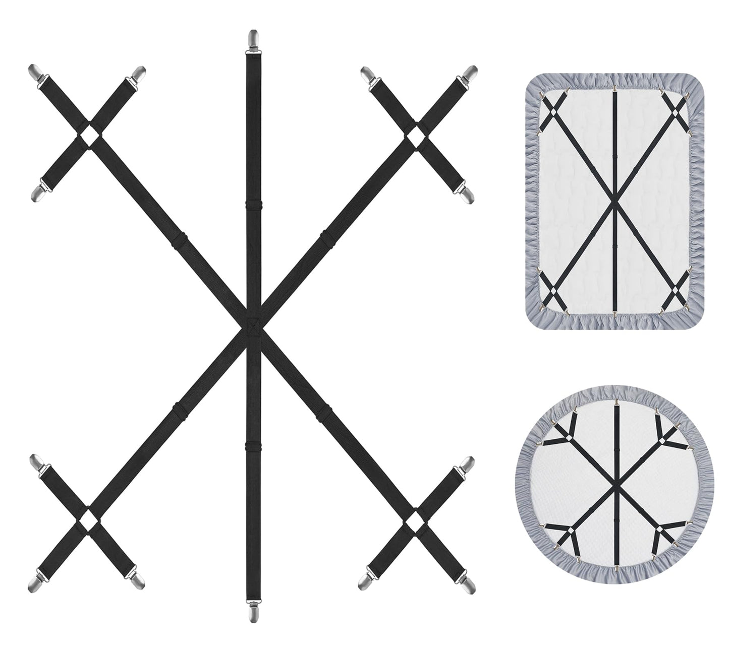 Mkono Bed Sheet Straps Fitted Sheet Clips Holder Keep Sheets Firm & Tight 6 Way Cross 14 Clips Sheet Suspenders for King Queen Twin Bed Round Square Mattresses Dorm Room Essentials, Black