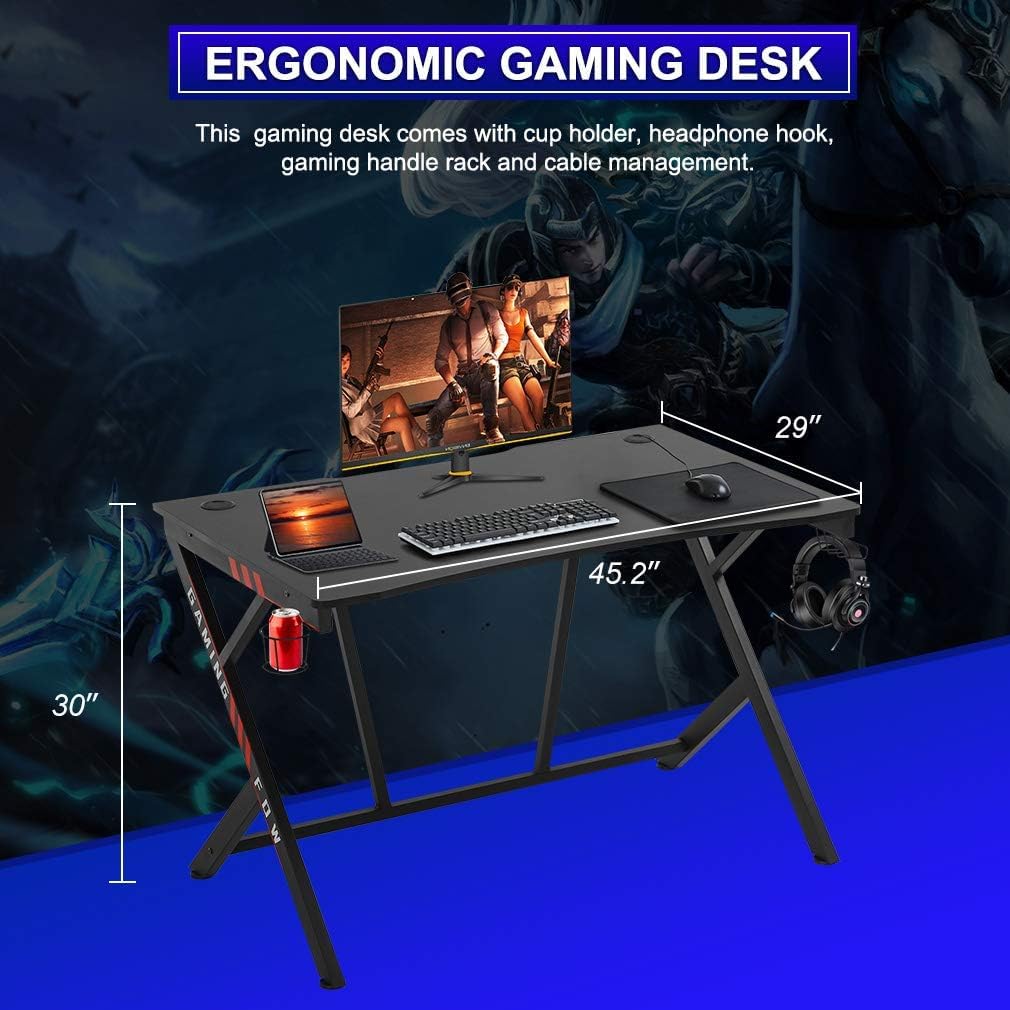 PlayLessHere Gaming Desk 45" W x 29" D Home Office Computer Desk Racing Style Study Desk Extra Large Modern Ergonomic PC Carbon Fiber Writing Desk Table with Cup Holder Headphone Hook