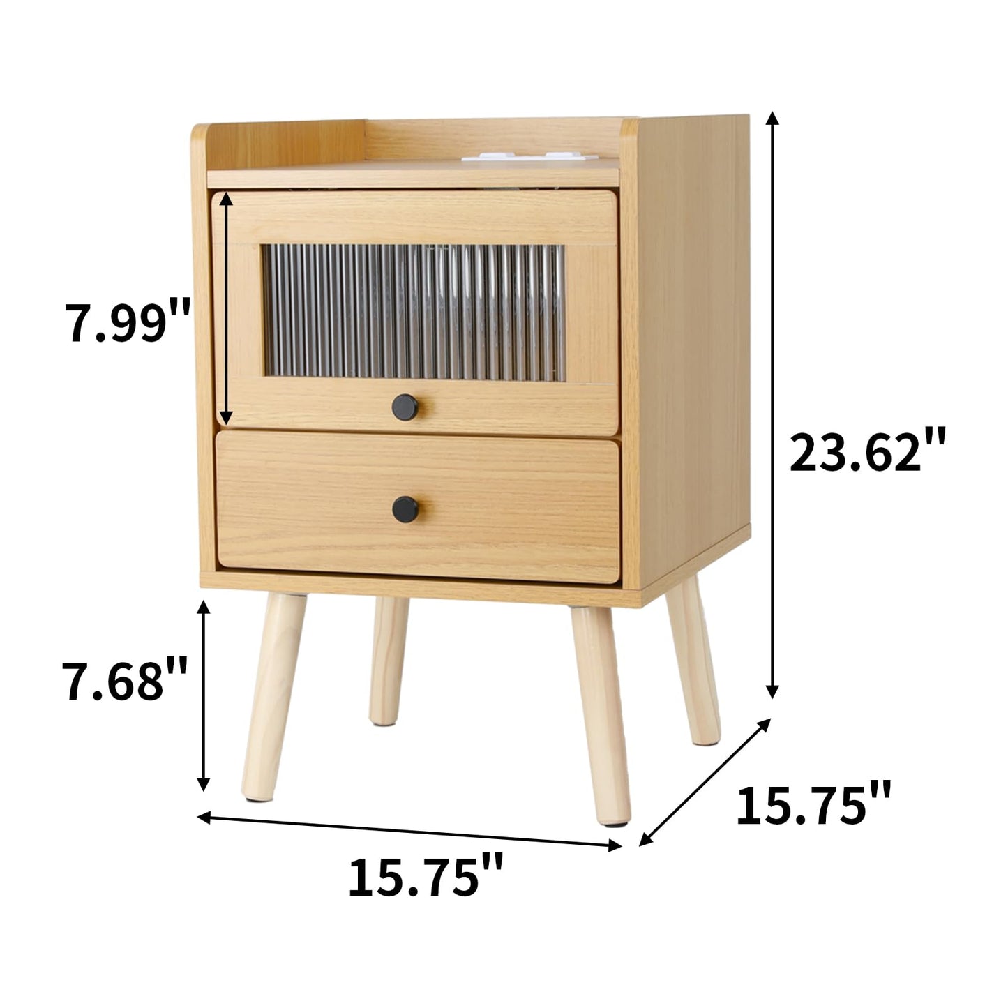 VOWNER Nightstand with Charging Station, LED Night Stand with Glass Door & Drawer, Bedside Table for Bedroom, Living Room, Natural