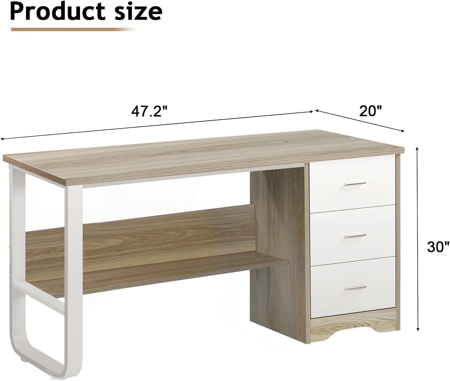 MaverickFurni Small Desk with 3 Drawers, 47 Inch Computer Desk with Drawers & Storage File Cabinet for Small Spaces, Home Office Desk for Bedroom, Bottom Shelves, White and Walnut