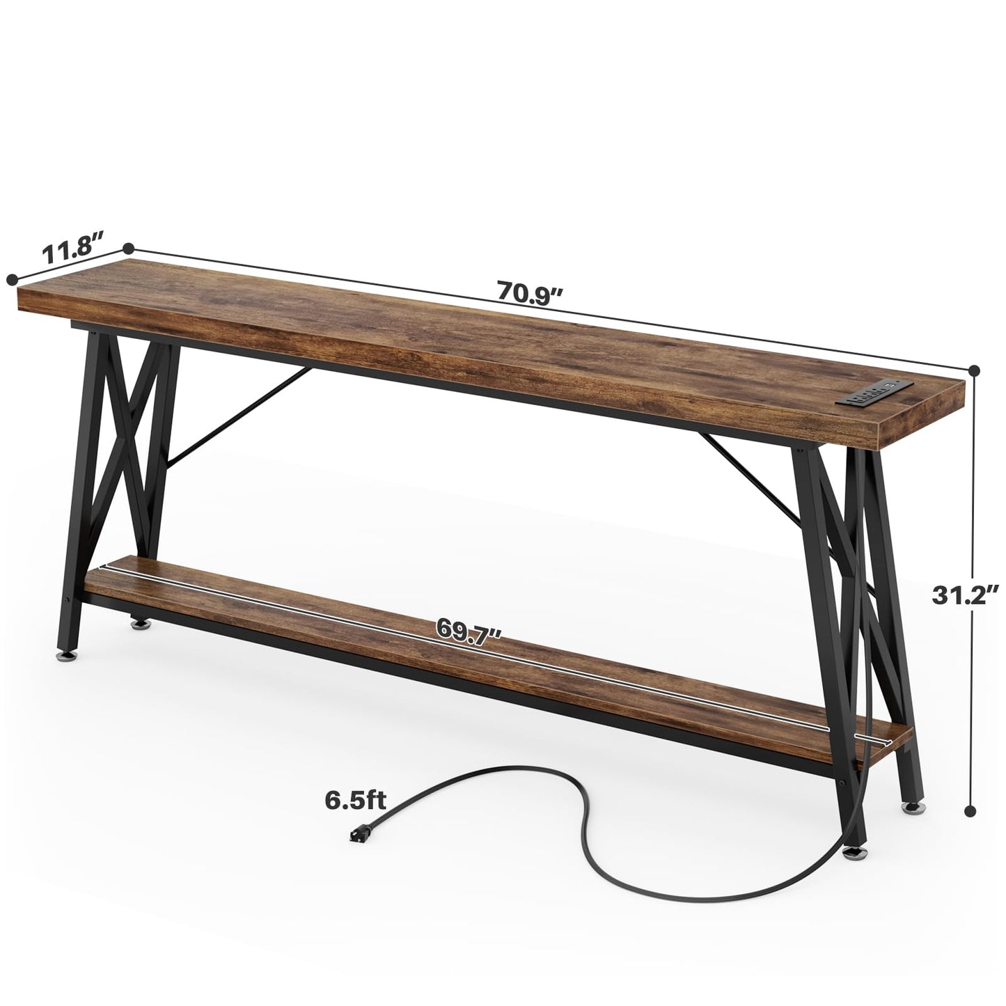 Homieasy 70.9 Inch Extra Long Console Table with Charging Station & Storage Shelf - Industrial Style Sofa Table Behind Couch for Living Room & Entryway, Rustic Brown