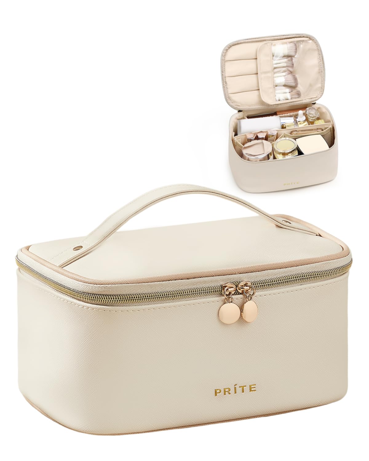 Prite Makeup Bag, Large Capacity Portable Travel Cosmetic Bag, Waterproof Makeup Organizer for Women with Handle and Divider(Beige)