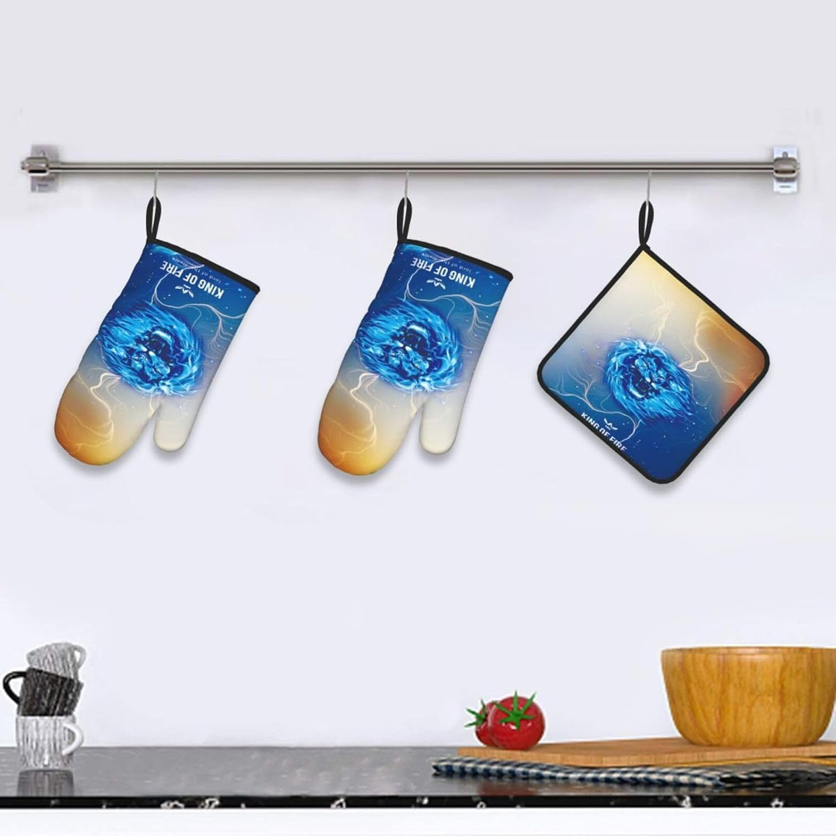 Orange Blue Oven Mitts and Pot Holders Sets of 3 Heat Resistant Funny Hot Pads Lion Oven Gloves for Kitchen Cooking BBQ Baking