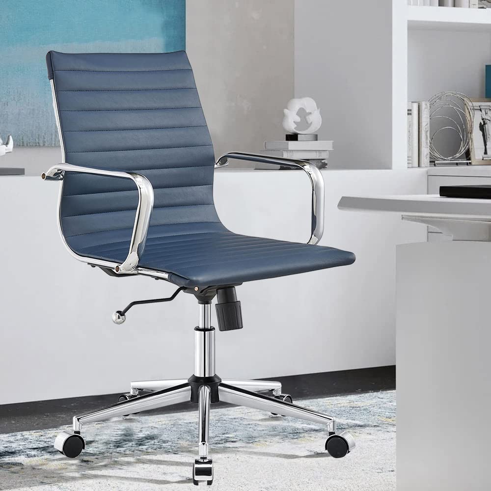 Office Desk Chair,Modern Conference Room Task Chairs,Leather Computer Swivel Excutive Ribbed Ergonomic Rolling Chair for Home Office Desk Chair (Navy)