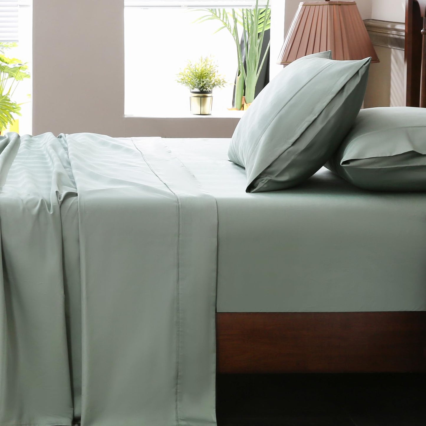 Overket Extra Deep Pocket King Sheets 18-24 Inch 1000 Thread Count 100% Egyptian Cotton Sateen Weave Soft Breathable 4 Pieces(King,Sage Green)