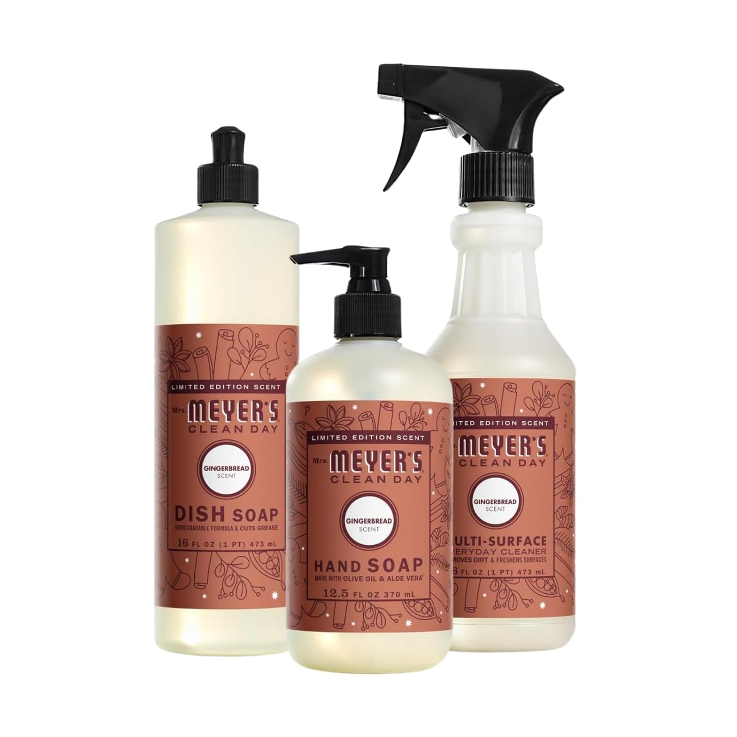 Mrs. Meyer's Kitchen Set, Dish Soap, Hand Soap, and Multi-Surface Cleaner, 3 CT (Peppermint)