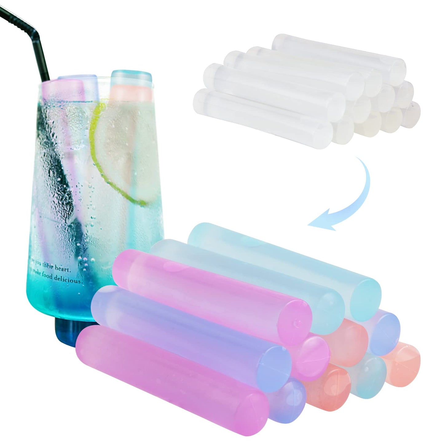 12 Pack Color-Changing Reusable Ice Cubes for Drinks, Quick Freeze Water Bottle Reusable Ice Stick BPA Free, Washable Plastic Clear Ice Cubes for Whiskey, Wine, Coffee(Color-Changing)