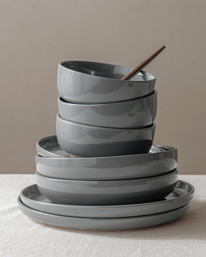 Famiware Milkyway Plates and Bowls Set, 12 Pieces Dinnerware Sets, Dishes Set for 4, Dark Gray