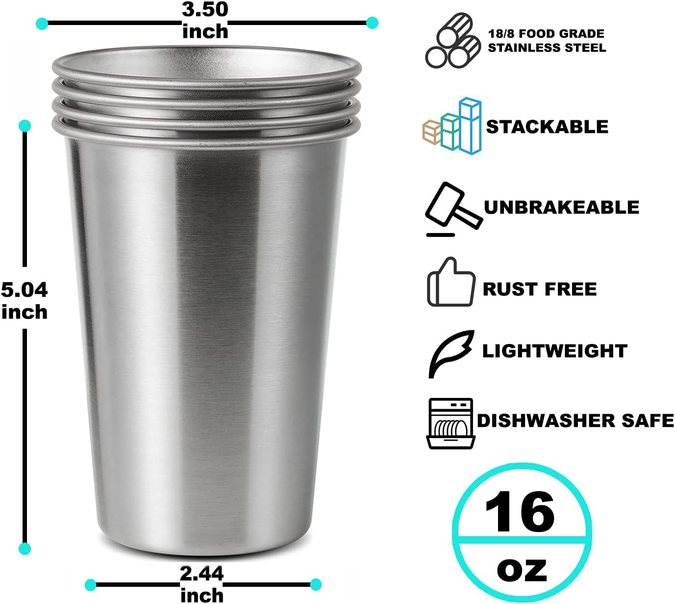 SMLIXE 12 Pack 16oz Stainless Steel Pint Cup,Healthy Unbreakable and Stackable,Metal Drinking Glasses,Beer Glasses
