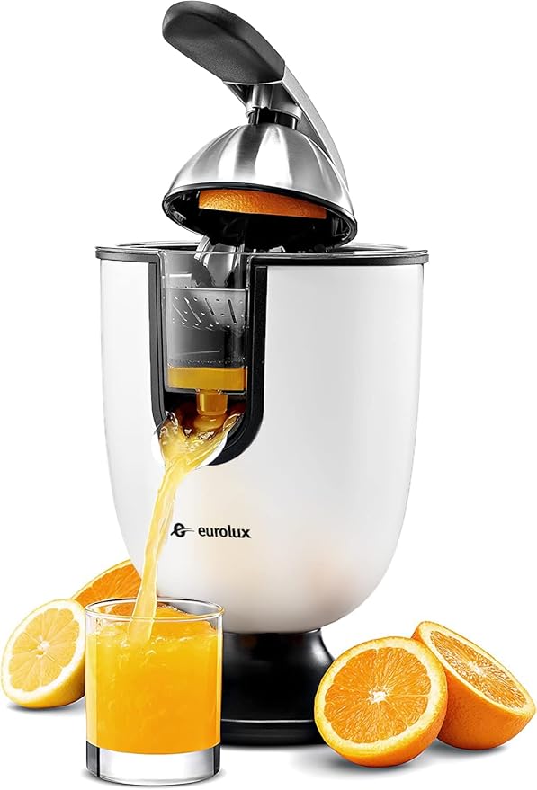 Eurolux Electric orange juicer squeezer | Pro Stainless Steel Citrus Juicer with Soft Grip Handle for Effortless Juicing, Also Fits Lime & Grapefruit Auto Shutoff, Dishwasher-safe Parts, Pulp Control