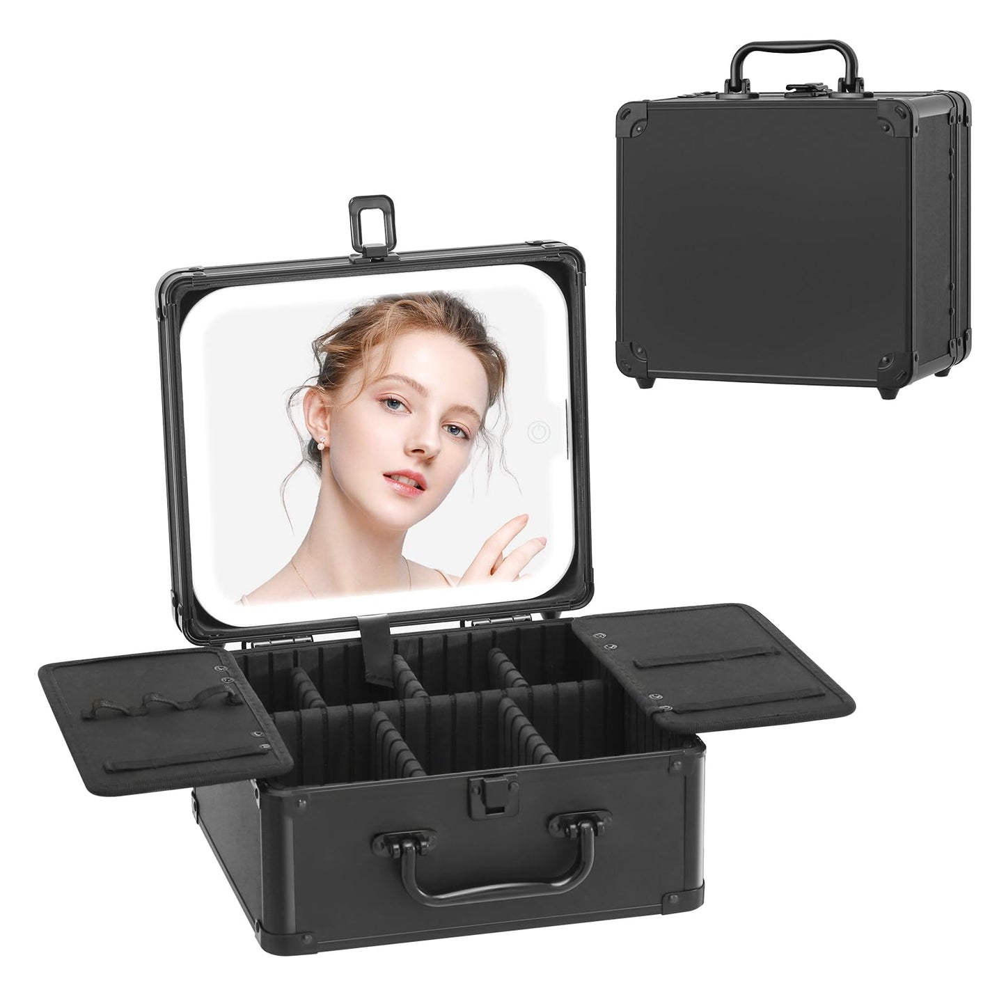 Leeora&Leekoo Makeup Box with LED Mirror & Aluminum Frame, Compact Multi-Layer Cosmetic Organizer - Portable ABS Travel Train Case for Makeup Storage(Gift for Girlfriend/Daughter) (Black)