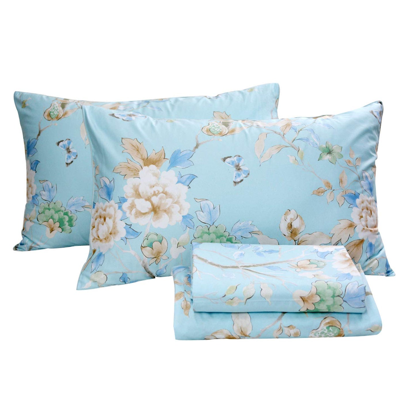 FADFAY Floral Bedding Shabby Blue Bird Print Bed Sheet Set Luxury Bedding Collections 800 Thread Count 100% Egyptian Cotton Deep Pocket, 4 Piece-Twin Size