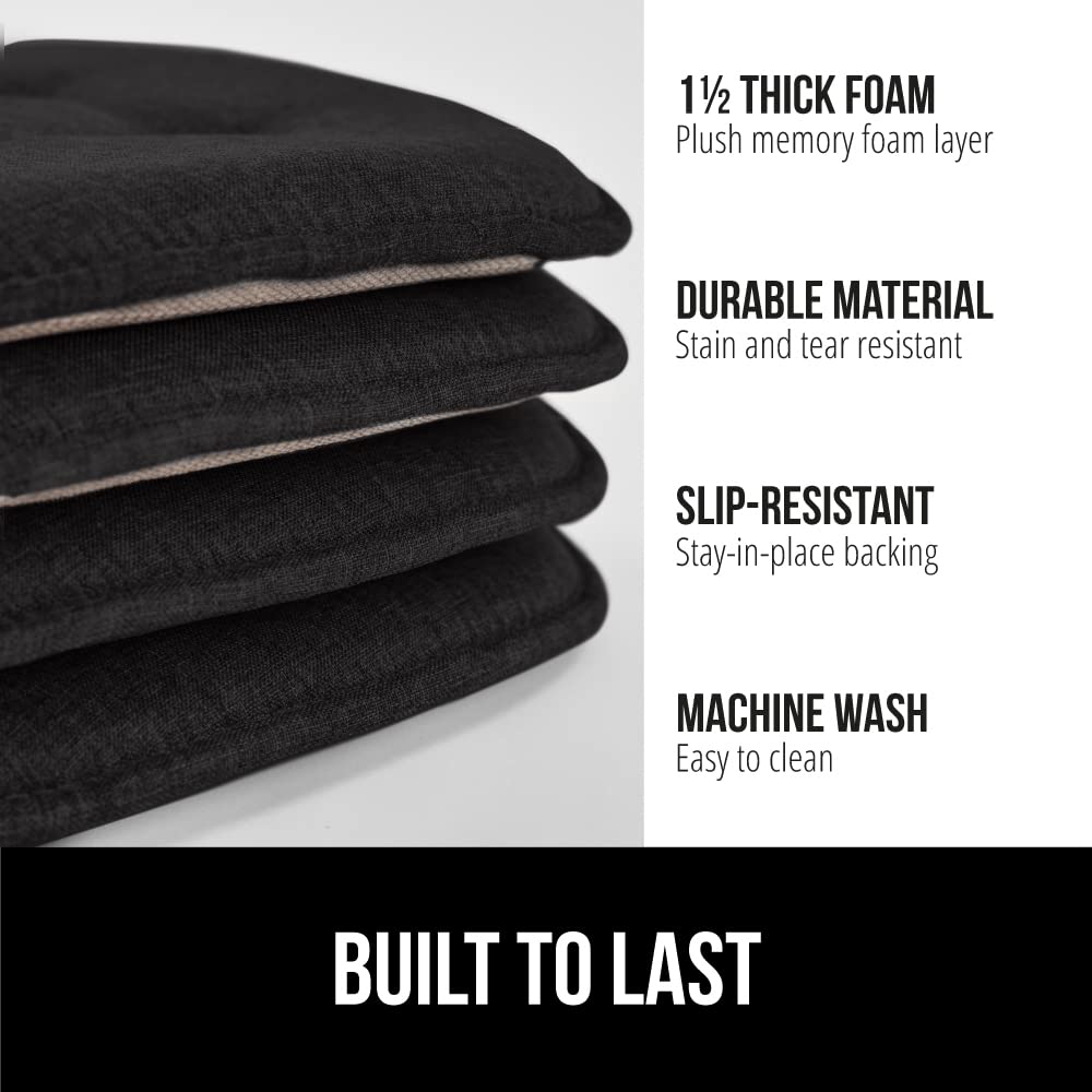 GORILLA GRIP Slip Resistant Tufted Chair Cushions, No Ties Required, Set of 6 Memory Foam Pads for Dining Room Kitchen Table, Office, Rocking Chairs, Plush Seat Cushion Pad, Home Decor, 16x17, Black