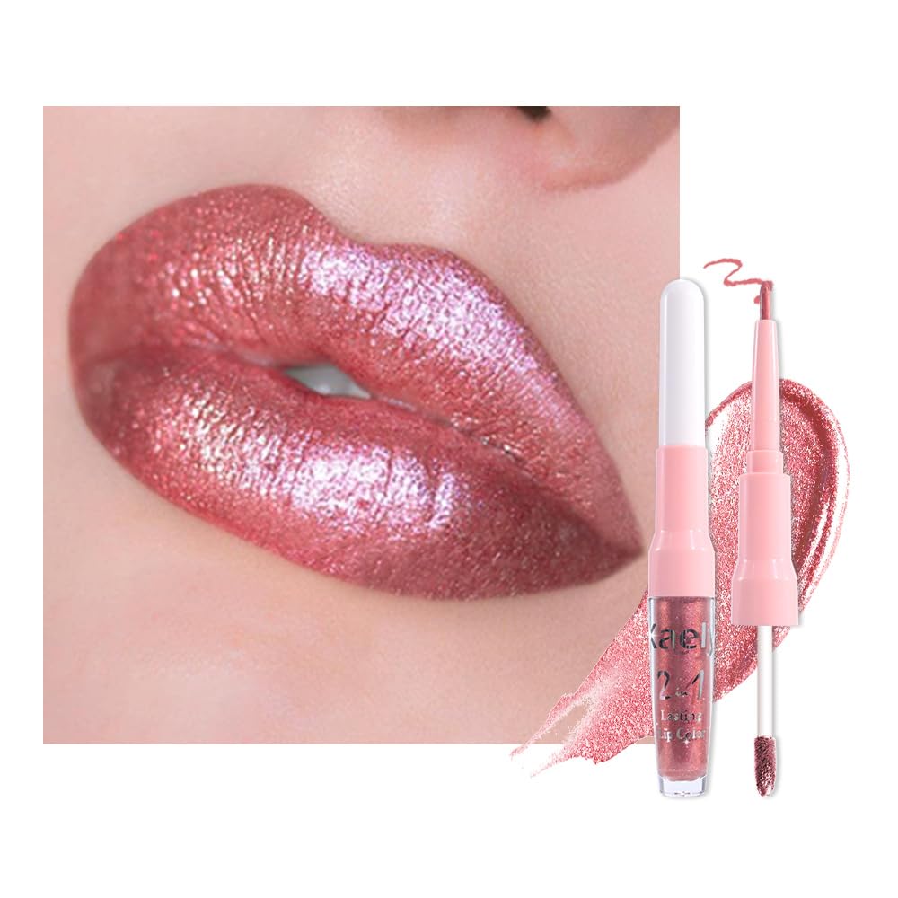 Kaely 2in1 Pink Red Metallic Lipstick and Lip Liner, Shimmer Glitter Lip Gloss Long Lasting Waterproof 24 Hours, Pearlescent Sparkly Liquid Lipsticks Stain Makeup for Women, Vegan Formula, 09