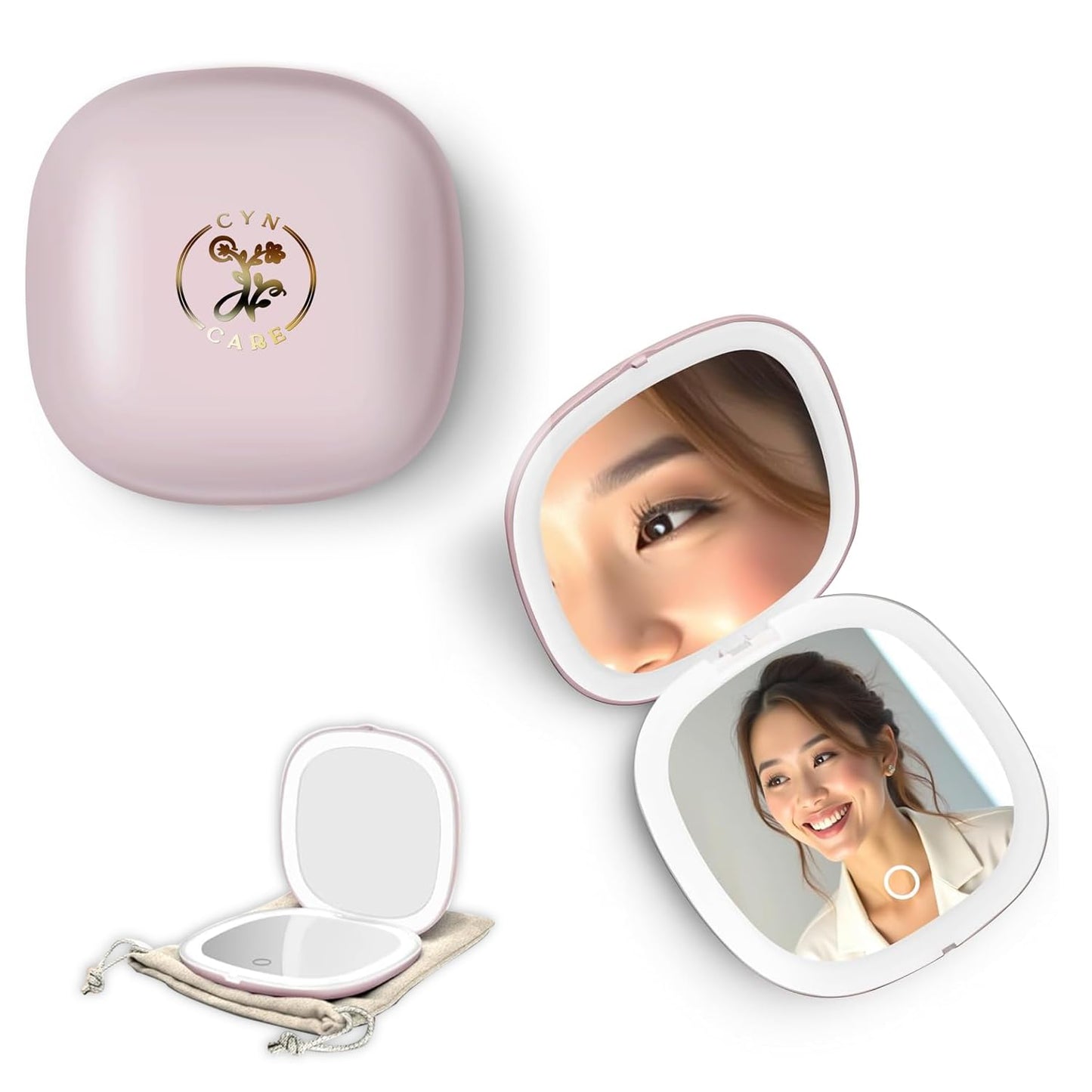 LED Compact Mirror – 1x & 10x Magnification | Travel Makeup Mirror with Adjustable Lighting | Handheld & Pocket-Sized Portable Mirror with Protective Pouch (Pink)
