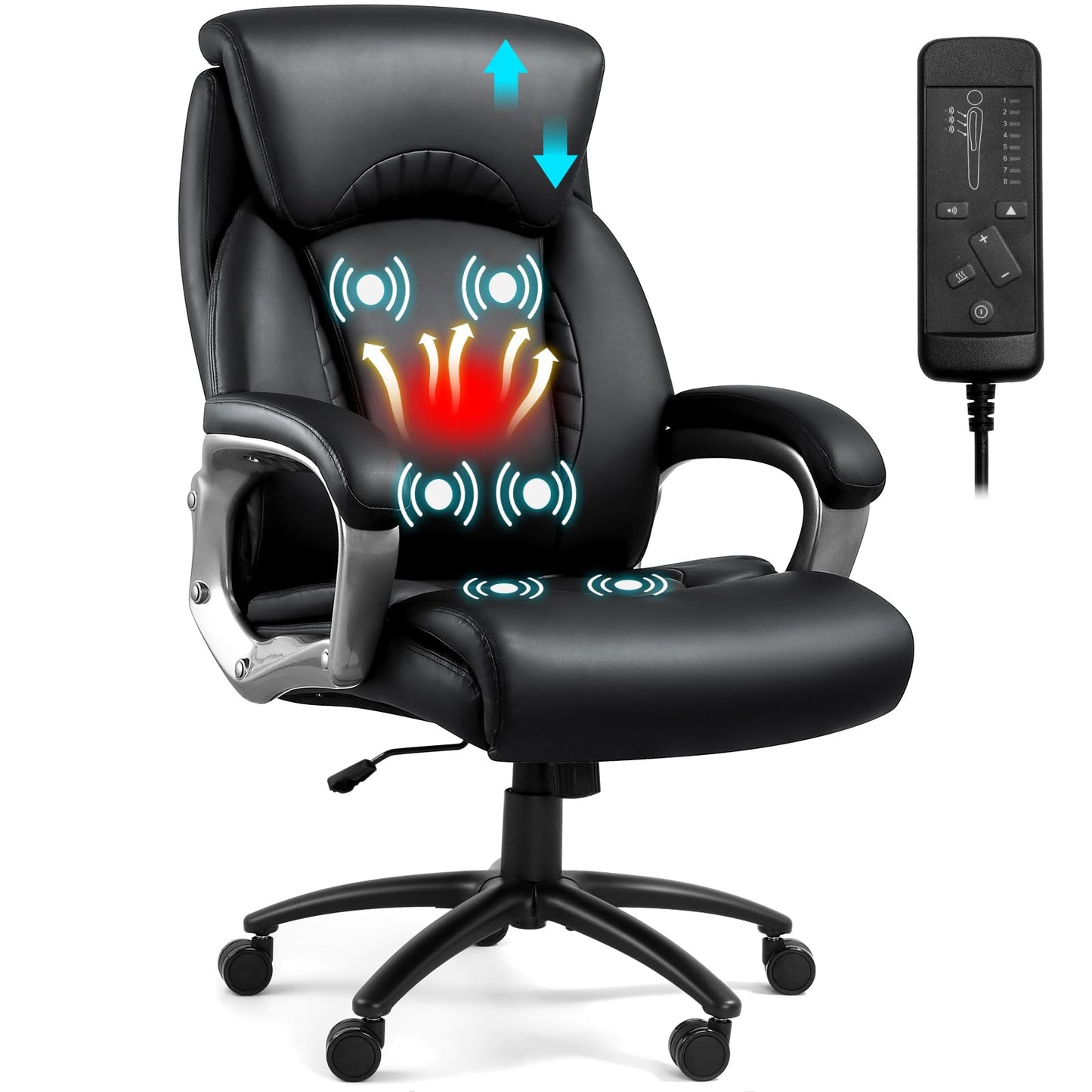 Yalissey Big and Tall Massage Office Chair with Adjustable Headrest, 6 Points Vibration, Massage Office Chair, Extra Wide Heated Ergonomic Executive Chair for Heavy People 500LBS, Thick Seat, Black