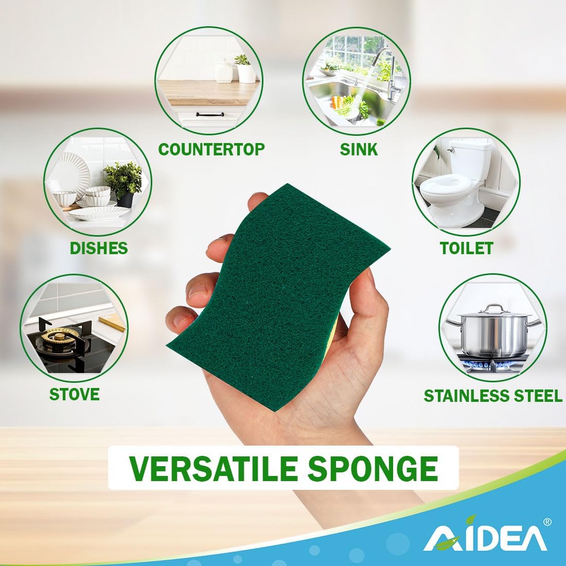 AIDEA Heavy-Duty Scrub Sponges, 24Count, Sponge for Non-Coated Cookware, Kitchen Sponges for Dishes, Scrubbing Power for Tough Messes, Cleaning Sponge for Kitchen, Bathroom, Household