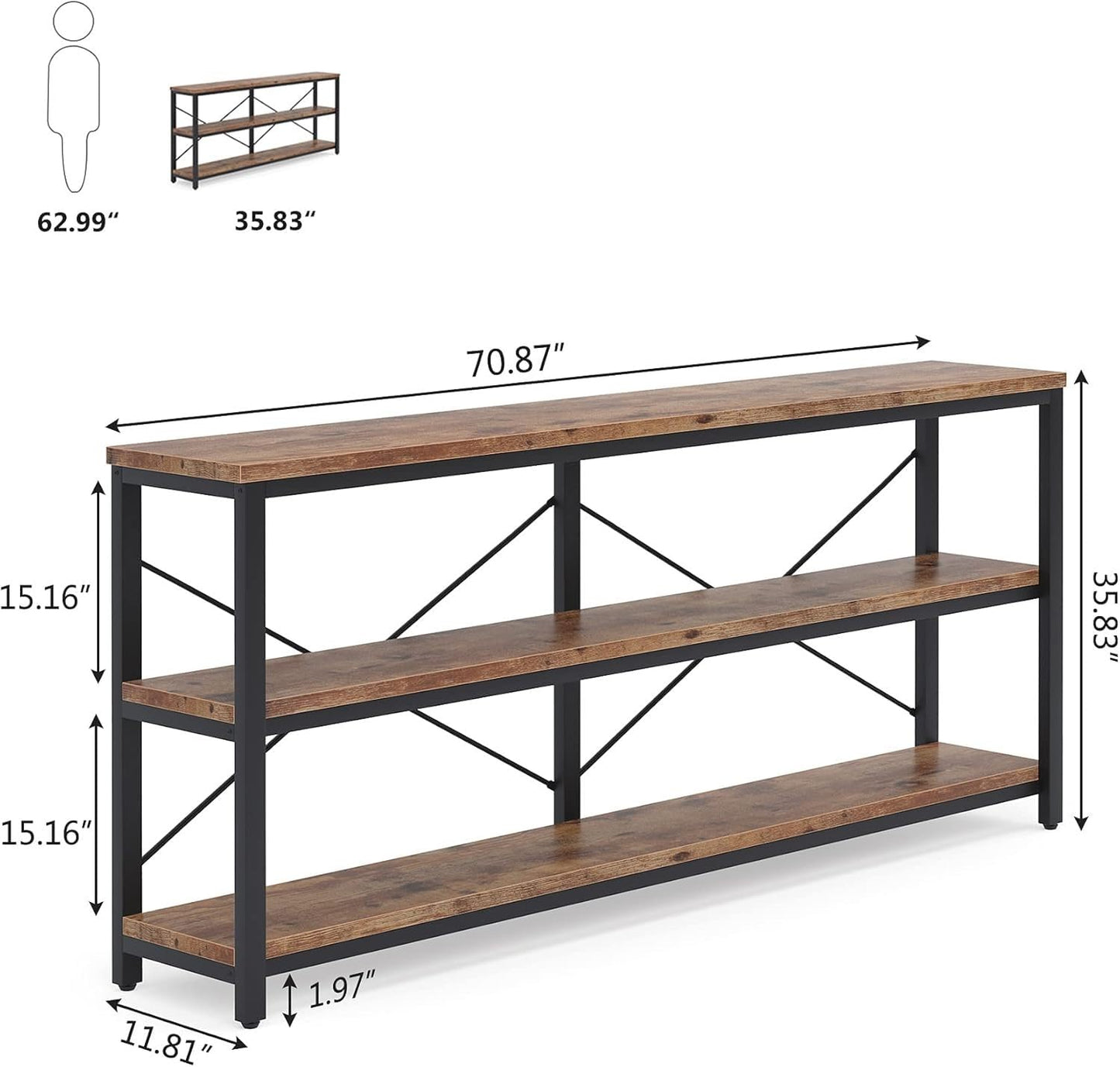Vagaconl 71inch Sofa Tables Extra Long Couch Table, Narrow Long Console Table, Entryway Table,Sofa Table with 3 Tiers Storage Shelves (Rustic Brown)