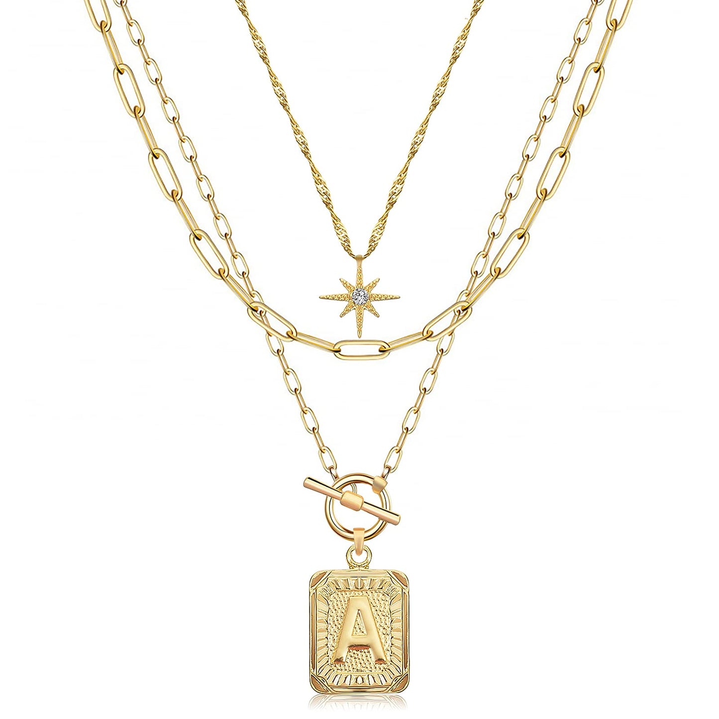 MJartoria Layered Initial Necklaces for Women Trendy, 14K Gold Plated Simple Star Choker Square Letter Pendant Necklace, Paperclip Chain Necklace, Gold Necklaces Jewelry Gifts (Gold, A.)