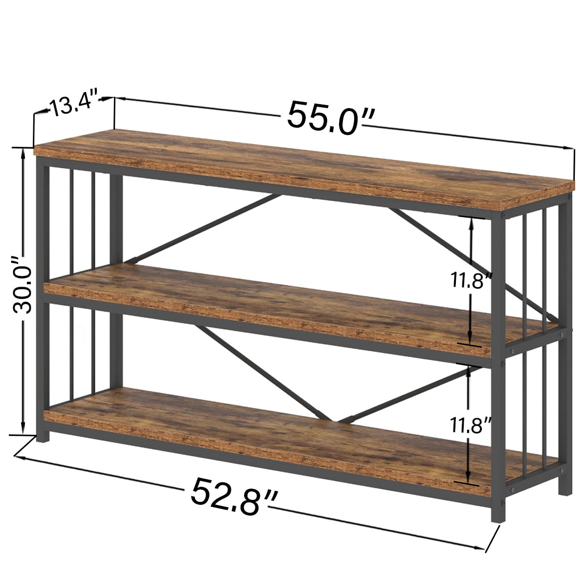 LVB Industrial Console Entryway Table, Metal Wood Rustic Sofa Table with Storage, Farmhouse 3 Tier Shelf Long Hallway Foyer Entry Tables Behind Couch for Home Living Room Entryway, Rustic Brown, 55 In