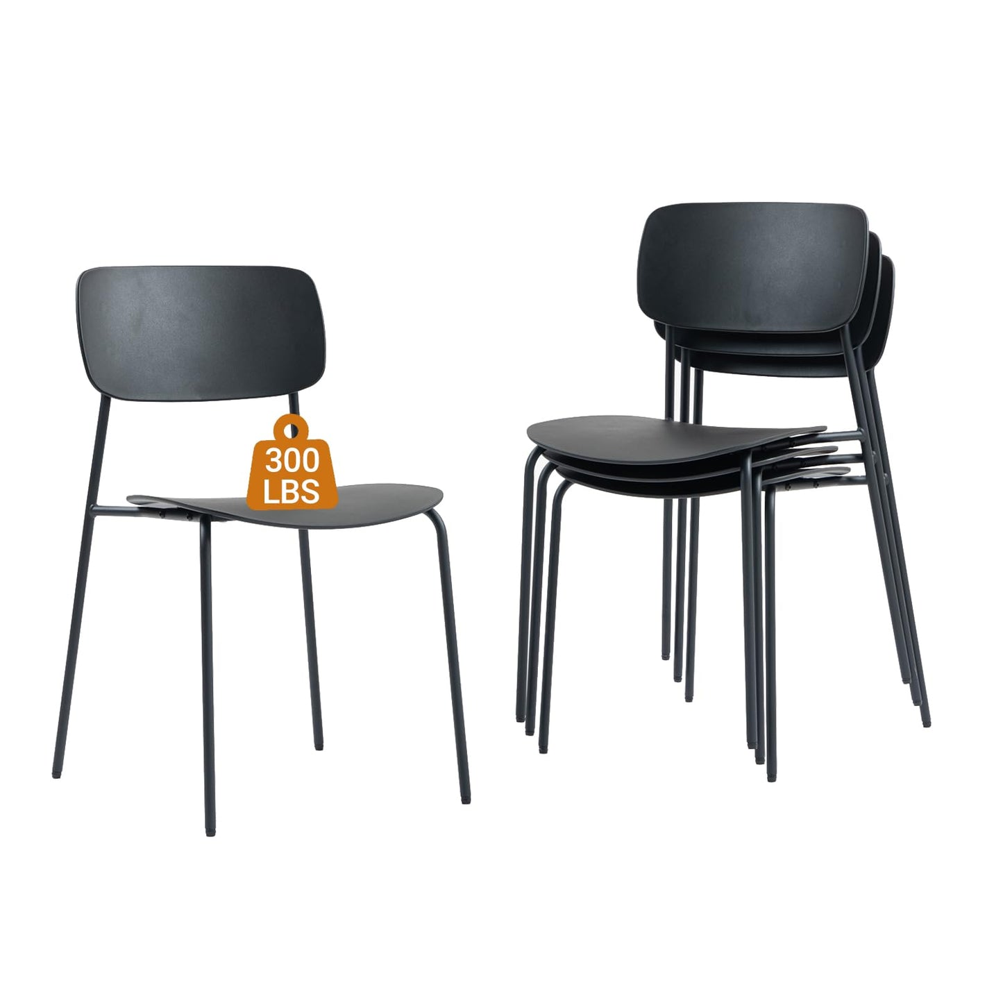 Sidanli Stackable Chairs Set of 4, Waiting Room Chairs with Metal Legs and Ergonomic Plastic Seat, Stacking Office Chairs for Conference Reception Church Banquet, Black