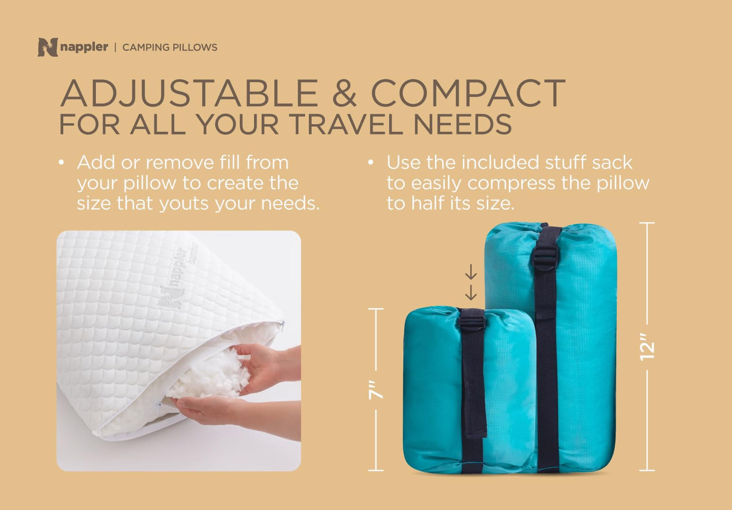 Nappler Rust Small Shredded Memory Foam Pillow for Travel and Camping - Compressible Medium Firm Bed Pillow, Breathable Cover, Machine Washable, Backpacking, Airplane and Car