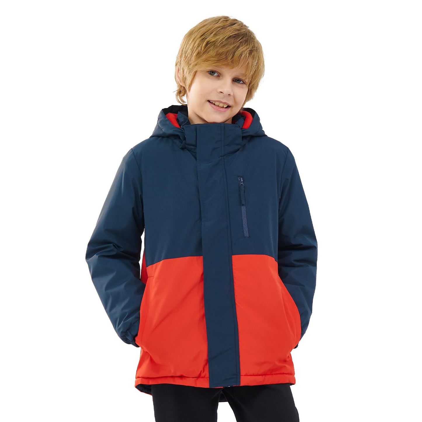 PAMLULU Boys Winter Coats Waterproof Breathable Snowboarding Ski Jackets Fleece Lined Hooded Rain Coat for Kids (5-6Y,Navy/Red)