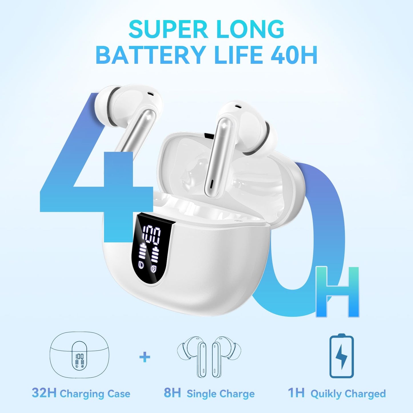 Wireless Earbuds, Bluetooth 5.3 Headphones 40Hrs Playtime Deep Bass Stereo in-Ear Earbud, LED Power Display, Call Noise Canceling Headphones with Mic, IP7 Waterproof Earphones for iPhone Android