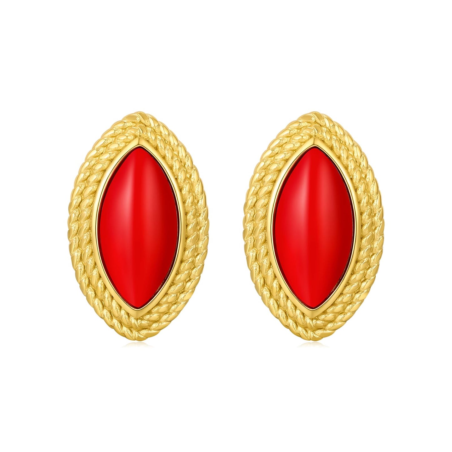 Vintage Earrings Gold Chunky Oval Stud Red and Gold Stud 18K Gold Textured Statement Earrings for Women