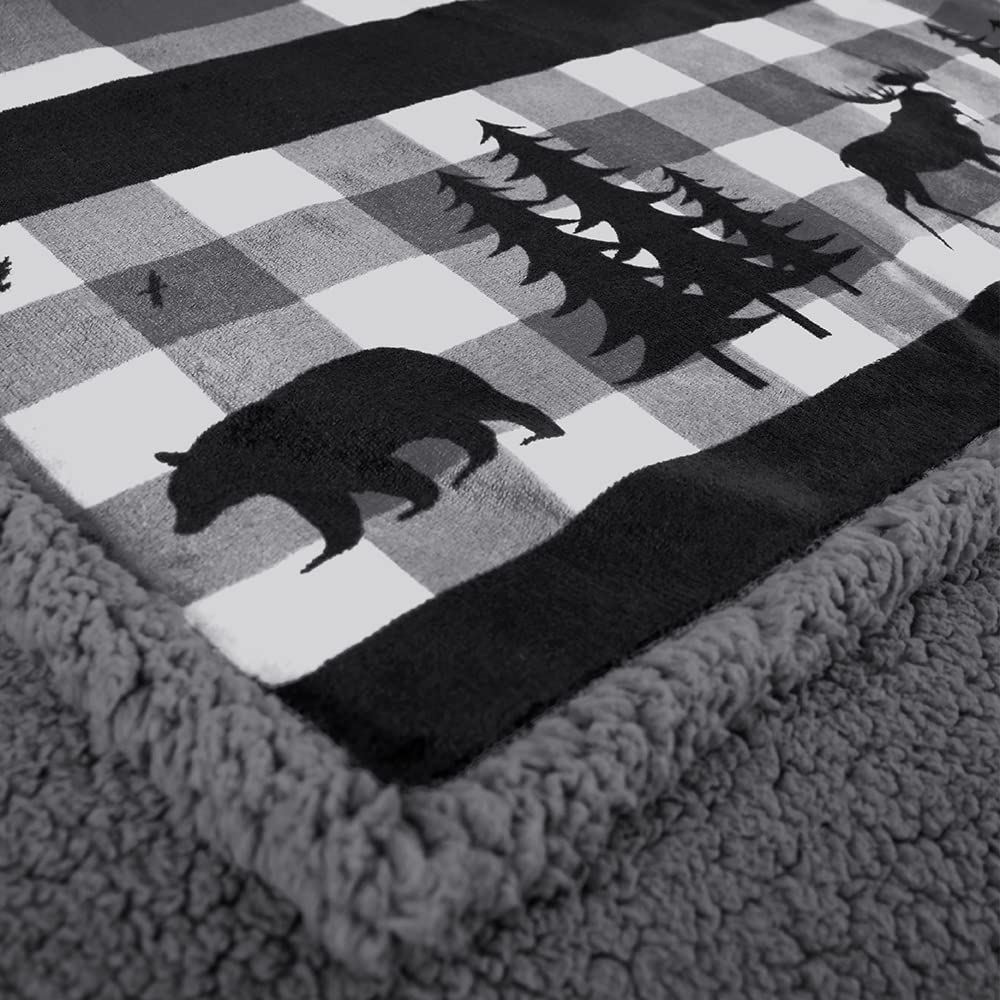 Pavilia Winter Cabin Sherpa Blanket Throw | Flannel Fleece Christmas Plaid Blanket | Plush, Soft, Warm, Cozy, Reversible Microfiber Throw 50x60 (Grey)