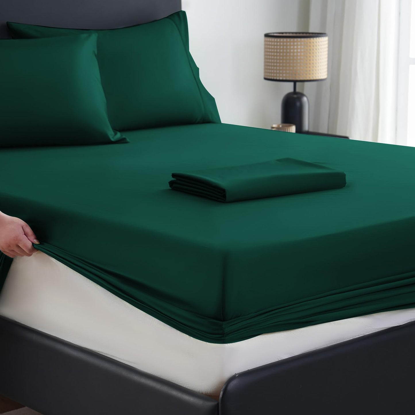 MEISHANG Extra Deep Pocket King Sheets Cotton - 1000 Thread Count Sheet Set - Fits 18"-24" in Deep Mattress,100% Egyptian Cotton,Sateen Weave, Soft & Breathable - 4 Piece (King, Dark Green)