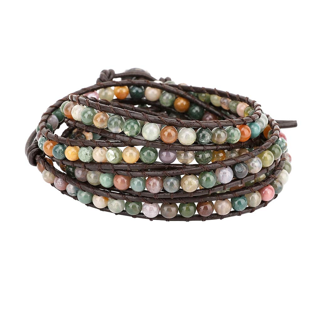 Emibele Leather Wrap Bracelets for Women, Handmade Agate Beaded Layered Bracelets Boho Jewelry Wrist Accessory for Lady Adult, Green