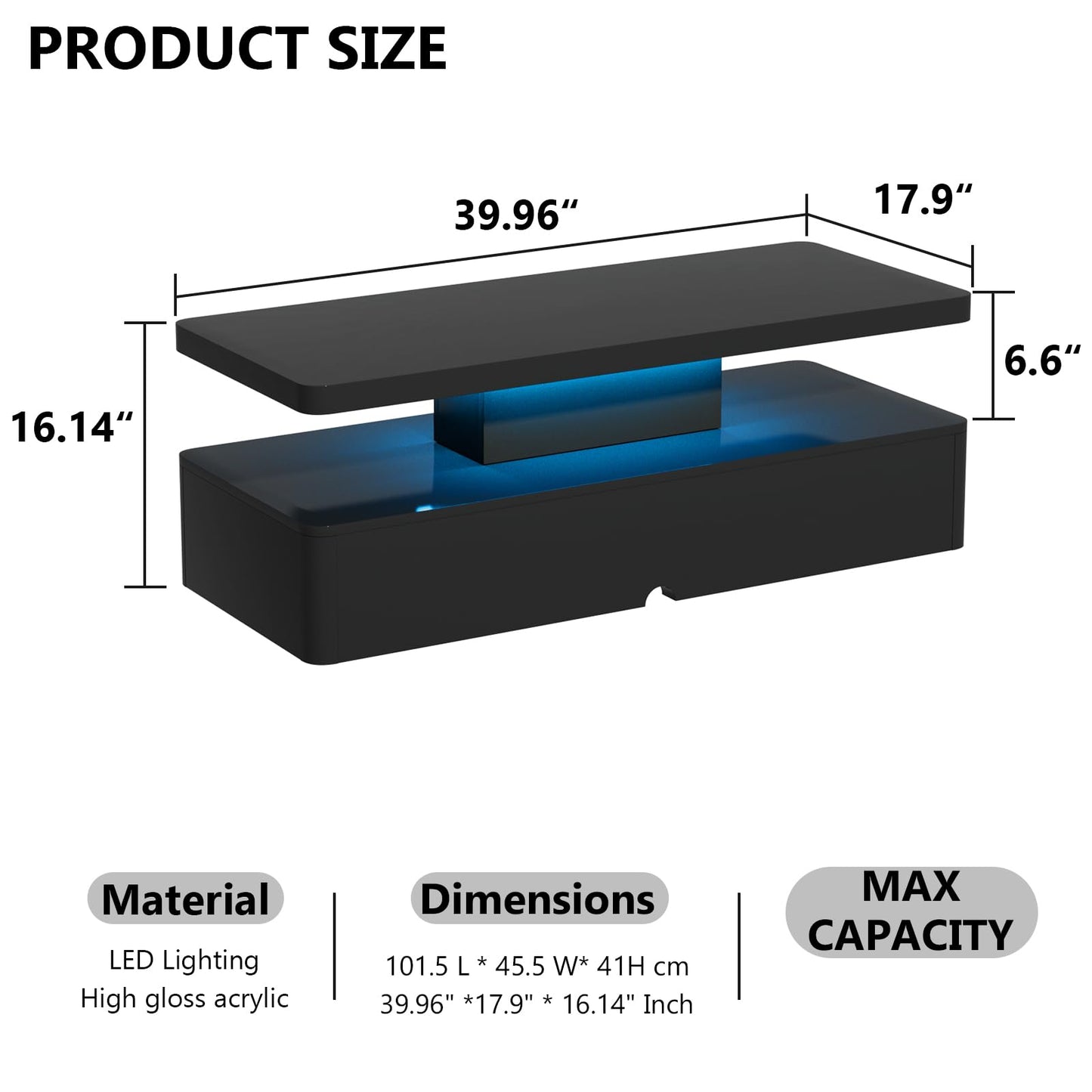 oneinmil Modern LED Coffee Table, 40 Inches Living Room Tables with 16 Colors LED Lights, Double-Layer Design, Stylish Coffee Tables for Living Room, Home, Office, Black