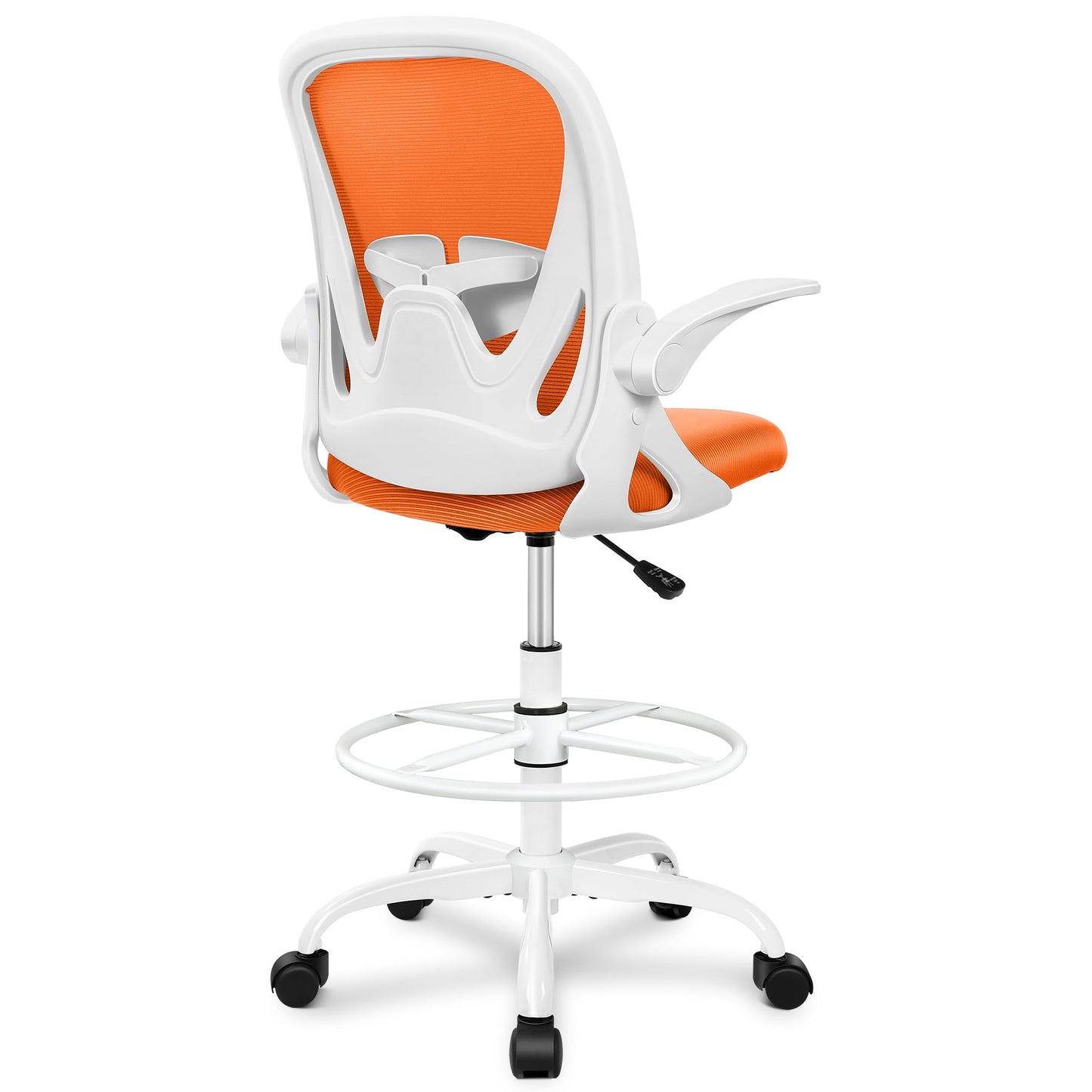 Primy Drafting Chair Tall Office Chair with Flip-up Armrests Executive Ergonomic Computer Standing Desk Chair with Lumbar Support and Adjustable Footrest Ring (Sunset Orange)